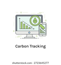 Seguimiento de carbono de alta calidad de íconos de Vector en objetivos de cero emisiones netas, compensación de emisiones, tecnología verde y soluciones de cambio climático. Perfecto para informes corporativos de ESG y marca ecológica