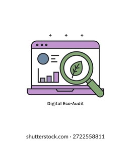 Auditoría ecológica digital de íconos de Vector de alta calidad sobre objetivos de cero emisiones netas, compensación de emisiones, tecnología verde y soluciones para el cambio climático. Perfecto para informes corporativos de ESG y marca ecológica
