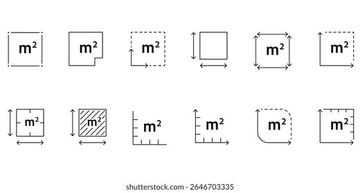 High quality vector icon of M2 symbol representing square meters. Measuring area of land, home, apartment or flat. Minimalistic linear design for dimensions