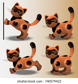 High quality vector illustration of an artificial animal, the cat robot in various poses. Bot or robot.