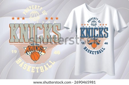 High quality vector illustration of a basketball typography design in classic college style. Features bold varsity letters, star decorations, and a basketball emblem in orange and blue colors.