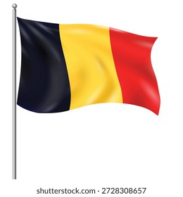 High quality vector illustration of the Belgium national flag waving on a flagpole. Belgian flag isolated on white background, ideal for education, geography, travel, politics, and design projects.