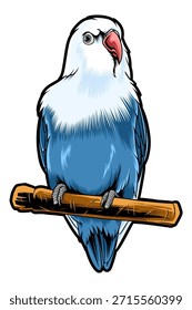High quality vector illustration of a blue and white lovebird perched on a wooden branch. Designed with clean bold outlines, smooth shading, and detailed feather texture. Cute tropical bird character style, perfect for t-shirt design, sticker, mascot, logo, poster, branding, print on demand, and digital illustration projects. Isolated on white background, suitable for commercial use.