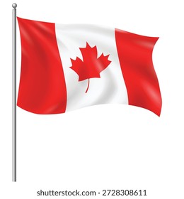 High quality vector illustration of the Canada national flag waving on a flagpole. Canadian flag isolated on white background, suitable for education, geography, travel, politics, and design projects.