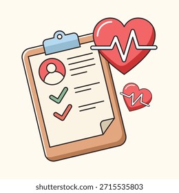 Ilustración vectorial de alta calidad de un personaje lindo de la mascota del corazón rojo que sostiene un Portapapeles médico con una lista de verificación de salud o un informe de diagnóstico. Esta caricatura de diseño plano representa chequeo cardiológico, examen de salud del corazón, resultados médicos y planificación de un estilo de vida saludable. Ideal para hospitales, clínicas y folletos médicos. Aislado sobre fondo blanco.