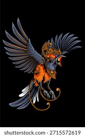 Ilustración vectorial de alta calidad de un pájaro real mítico épico con alas completamente extendidas, ojos llameantes brillantes y intrincados adornos dorados. Con pose dramática, contornos limpios y audaces, atmósfera de fantasía oscura, lujosos detalles dorados y texturas de plumas altamente detalladas. Poderoso y legendario estilo de personaje de pájaro, perfecto para el diseño de camisetas premium, ropa de calle, emblema, logotipo, póster, diseño de tatuajes, marca, Impresión a la carta y proyectos de ilustración digital. Aislado sobre fondo negro, conveniente para el Uso comercial.