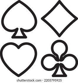 High quality vector illustration of the four Poker playing cards suits symbols - Spades Hearts Diamonds and Clubs icons isolated on white background - linear and minimalist style.
