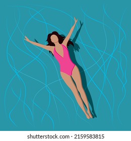 High quality vector illustration. The girl in the pool. Brunette in a pink bathing suit. Summer.