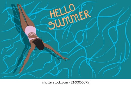 High quality vector illustration. The girl in the pool. Brunette in a pink bathing suit. Summer.