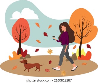 High quality vector illustration. The girl walks with the dog. Autumn. Girl with coffee.