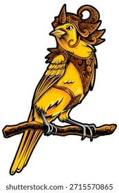 High quality vector illustration of a golden ornamental bird wearing intricate royal armor and decorative crown, perched on a branch. Featuring bold clean outlines, rich golden yellow tones, elegant ornamental patterns, and highly detailed feather textures. Majestic and mythical bird character style, perfect for premium t-shirt design, emblem, logo, poster, tattoo design, branding, print on demand, and digital illustration projects. Isolated on white background, suitable for commercial use.