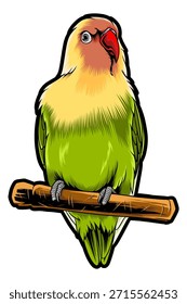 High quality vector illustration of a green lovebird with yellow face perched on a wooden branch. Featuring bold clean outlines, smooth color gradients, and detailed feather texture. Cute tropical bird character design, ideal for t-shirt printing, sticker, mascot, logo, poster, branding, print on demand, and digital illustration projects. Isolated on white background, suitable for commercial use.
