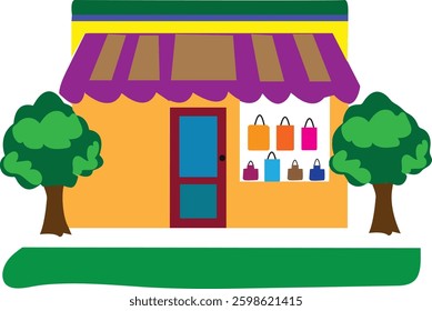 A high quality vector illustration of a modern sales shop front view. The design features a sleek storefront with large glass windows, an eye-catching signboard, and a welcoming entrance. 