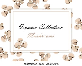 High quality vector illustration of muschrooms or champignon label. symbol for sauce product label or grocery store, shop and farm market design. Vector square label. Organic collection