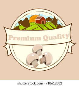 High quality vector illustration of mushrooms or champignon label. symbol for sauce product label or grocery store, shop and farm market design. Vector round label. Organic collection