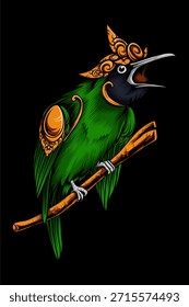 Ilustración vectorial de alta calidad de un pájaro mítico verde ornamental que lleva una corona dorada y una armadura decorativa, encaramado en una rama con el pico abierto. Con contornos limpios y audaces, ricos tonos verdes, elegantes adornos dorados y texturas de plumas altamente detalladas. Estilo de personaje de pájaro majestuoso y fantástico, perfecto para el diseño de camisetas premium, ropa de calle, emblema, logotipo, póster, diseño de tatuajes, marca, Impresión a la carta y proyectos de ilustración digital. Aislado sobre fondo negro, conveniente para el Uso comercial.