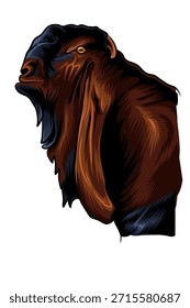 Ilustración vectorial de alta calidad de una poderosa cabeza de cabra con una expresión intensa y una iluminación dramática. Con contornos limpios y llamativos, tonos marrones y negros profundos, contraste nítido y textura de piel detallada. Estilo fuerte del carácter animal, perfecto para el diseño de la camiseta, la mascota, el logotipo, el emblema, el cartel, el diseño del tatuaje, la marca, la Impresión a la carta, y los proyectos de la ilustración digital. Aislado en el fondo blanco, conveniente para el Uso comercial.