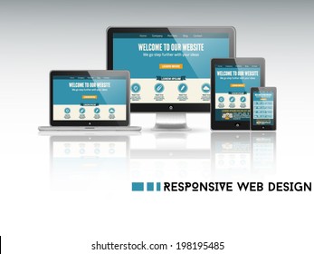 High quality vector illustration of responsive web design as seen on desktop monitor, laptop, tablet and smartphone, isolated on light background.