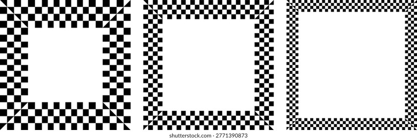 A high quality vector illustration set of three distinct checkered racing flag pattern square borders with various grid scales perfect for professional sports marketing and automotive designs.