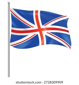 High quality vector illustration of the United Kingdom national flag waving on a flagpole. British Union Jack isolated on white background, ideal for education, geography, travel, politics, and design use.