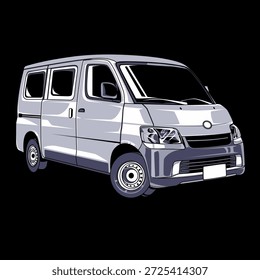 Ilustração vetorial de alta qualidade de uma minivan branca em um estilo plano limpo e moderno. Perfeito para conceitos de transporte, serviços de entrega, logística, mobilidade urbana, design automotivo, cartazes, sites e mídia digital ou impressa. Isolado sobre um fundo preto com formas detalhadas, mas simples, adequado para uso comercial e editorial.