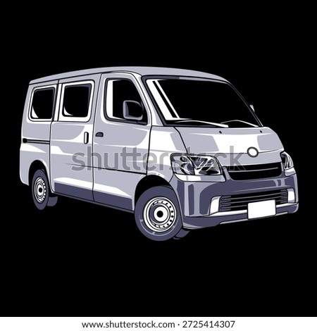 High quality vector illustration of a white mini van in a clean, modern flat style. Perfect for transportation concepts, delivery services, logistics, urban mobility, automotive design, posters, websites, and digital or print media. Isolated on a black background with detailed yet simple shapes, suitable for commercial and editorial use.
