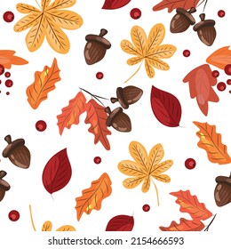 High quality vector image. Autumn pattern with acorns and leaves.