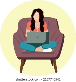 High quality vector image. The girl is working on a laptop. Home office.