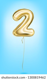 High quality vector image of gold foil balloon numbers. Digit two, 2