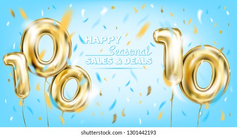 High quality vector image of gold balloon hundred and ten. Design for anniversary, sales and any events, sky blue background
