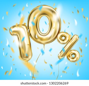 High quality vector image of gold balloon ten percent. Design for seasonal sales, discounts and any events, sky blue background