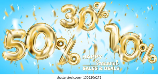 High quality vector image of gold balloon 50, 30,10 percent. Design for seasonal sales, discounts and any events, sky blue background