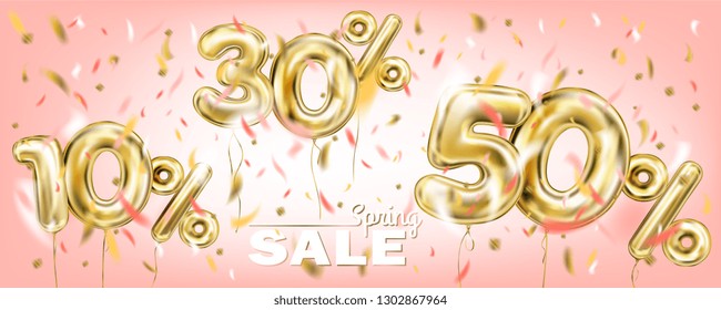 High quality vector image of gold balloon fifty thirty ten percent. Design for seasonal sales, discounts and any events, coral pink background