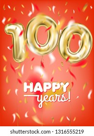 High quality vector image of gold balloon hundred and confetti on the red background