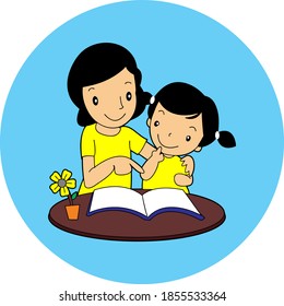 High quality vector of mother helping her daughter learn