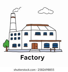 A high quality vector of a neutral tone factory building, perfect for use in industrial branding, manufacturing logos, and factory related marketing materials.