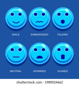 High quality vector round blue cartoon bubble emoticons social media chat comment reactions, icons template face tear, smile, sad, love, like, Lol, laughter emoji character message