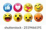 high quality vector round yellow 3d cartoon bubble emoticons comment social media chat comment reactions, icon template face tear, smile sad, hug love like, Lol, laughter emoji character message fun