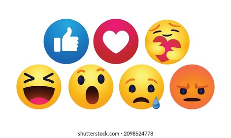 high quality vector round yellow cartoon bubble emoticons comment social media Facebook chat comment reactions, icon template face tear, smile sad, hug love like, Lol, laughter emoji character message - Shutterstock ID 2098524778