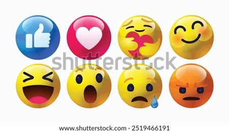 high quality vector round yellow 3d cartoon bubble emoticons comment social media chat comment reactions, icon template face tear, smile sad, hug love like, Lol, laughter emoji character message fun