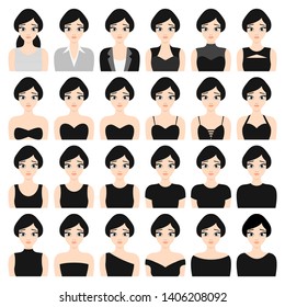 High quality vector set collection of 25 different female flat style realistic fashion clothes. Modern stylish vector business girl character portrait