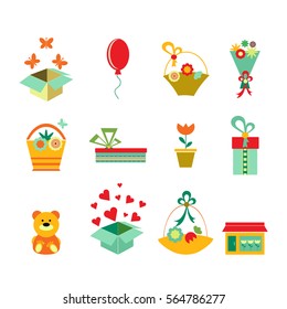 High quality vector  set of colorful flat icons for flower shop, delivery or gifts shop.