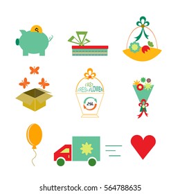 High quality vector  set of colorful flat icons for flower shop, delivery or gifts shop.