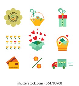 High quality vector  set of colorful flat icons for flower shop, delivery or gifts shop.