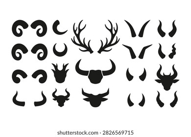 High quality vector set featuring various animal horns, ram horns, bull horns, deer antlers, and devil horns, perfect for Cricut cutting, vinyl decals, and laser crafts
