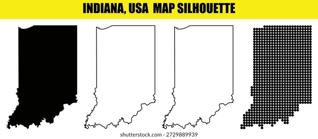 Hochwertige Vektorgrafik von Indiana-Zustandskarten mit verschiedenen kreativen Stilen, einschließlich linearer Umrisse in durchgezogenen Silhouetten und modernen Punktmustern, die für Bildungszwecke geeignet sind, und Karten