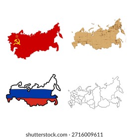 High quality vector set of Russia country maps with flag texture, solid fill, and outline versions for presentations, infographics, and geographic designs.
