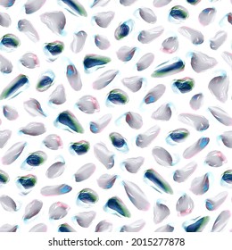 High quality vector shiny drops seamless pattern. Melted plastic drops on a white background. Dark blue, navy, green, pink drops, smudges, droplets. Shiny, vibrant, creative repeated background. 