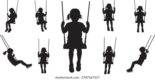 High quality vector silhouette, children, playing, swing, childhood, isolated.