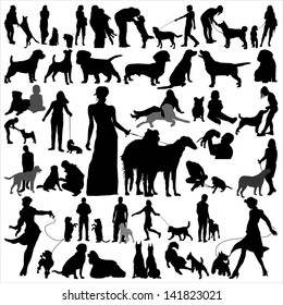 High quality vector silhouettes of people and dogs, for design and polygraphs.